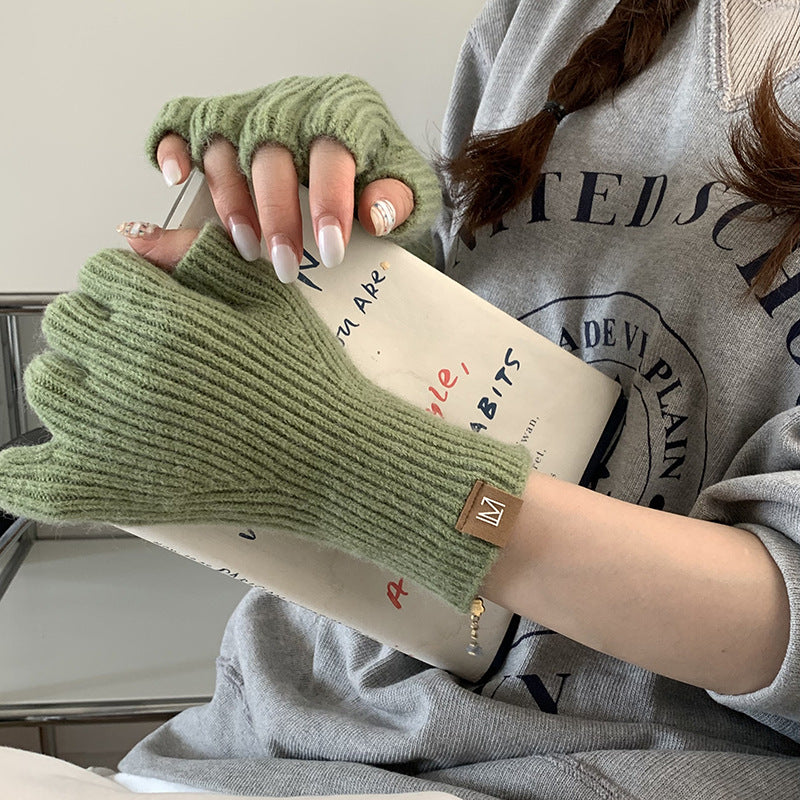 Knitted Wool Half Finger Gloves Solid Color
