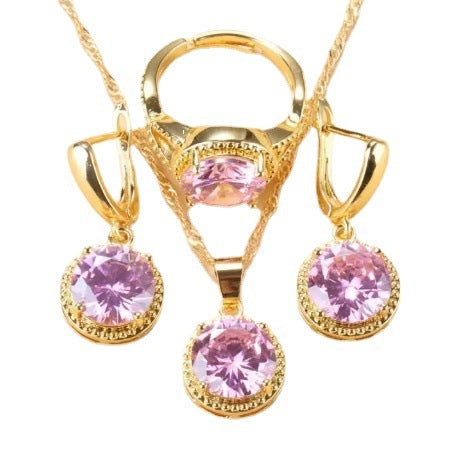 New Earrings Ring Necklace Three-piece Jewelry Set Round Zircon