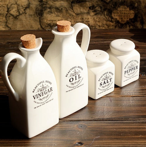 Four-piece Set Of Pure White Japanese Style Ceramic Oil Bottle Seasoning Bottle
