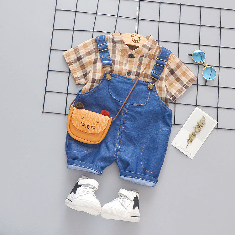Children's two-piece stand-collar plaid shirt
