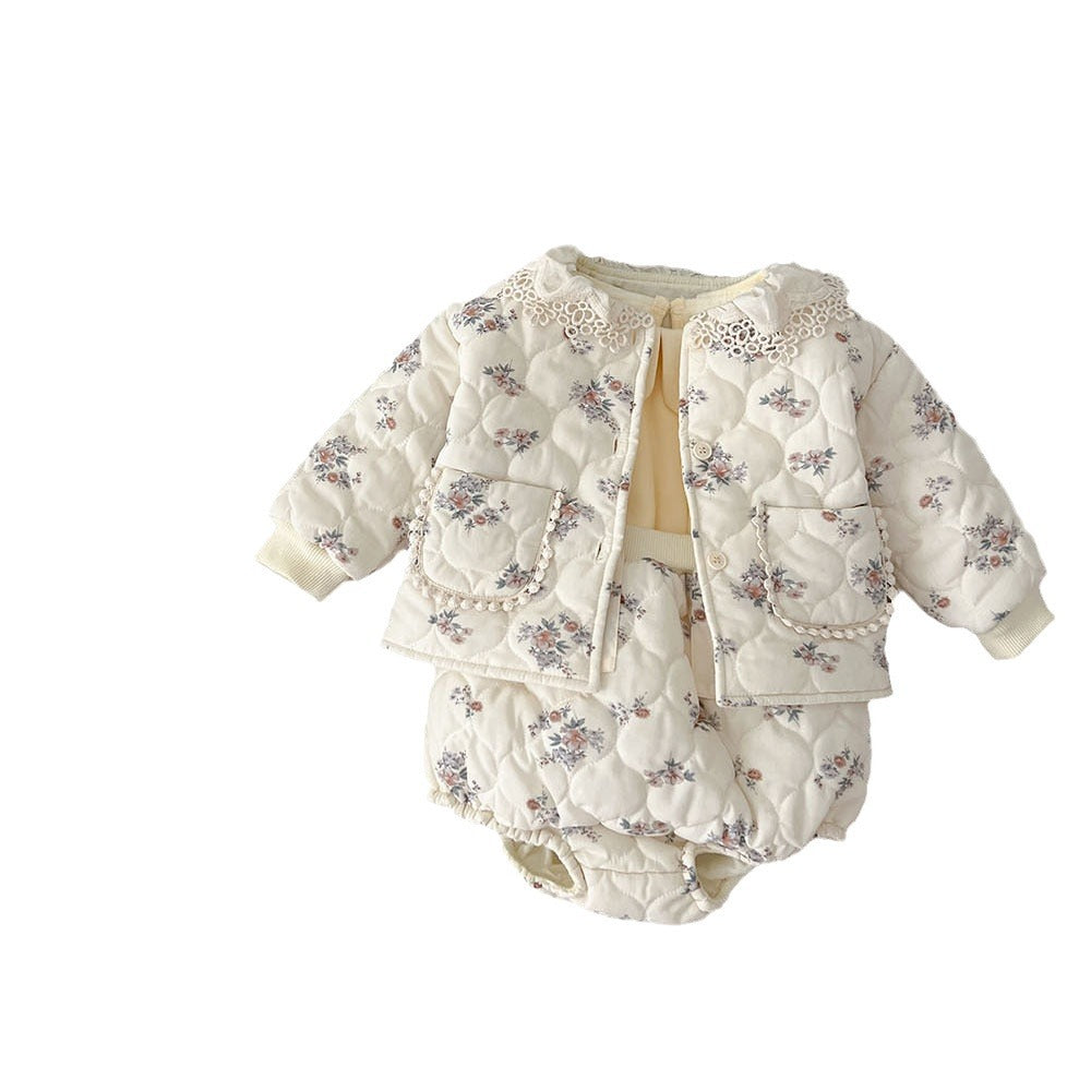 Winter Korean Style Baby Girl Floral Suit Lace Pocket Strap Romper Outwear Warm Two-piece Suit