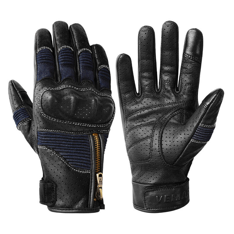 Men's Genuine Leather Sheepskin Vintage Perforated Motorcycle Gloves