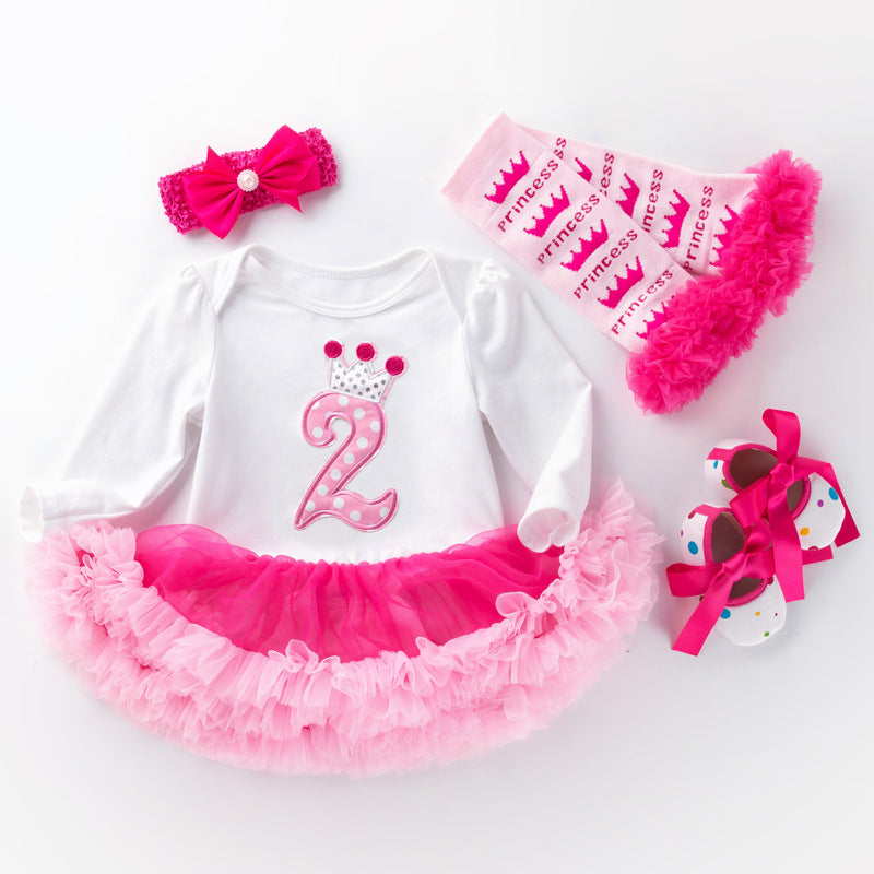 Newborn Cotton Rose Pink Birthday Romper Princess Dress Four Piece Suit