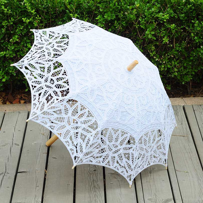 Parapluie de soleil brodé au crochet Princesse Classique Poignée en bois Tige droite Levage