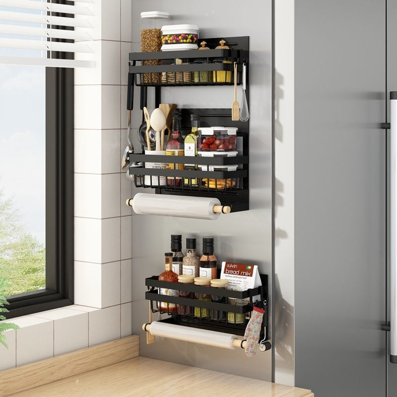 Refrigerator Shelf Side Storage Kitchen Magnetic Plastic Wrap Tissue Seasoning Side Multi-functional Punch Free Rack