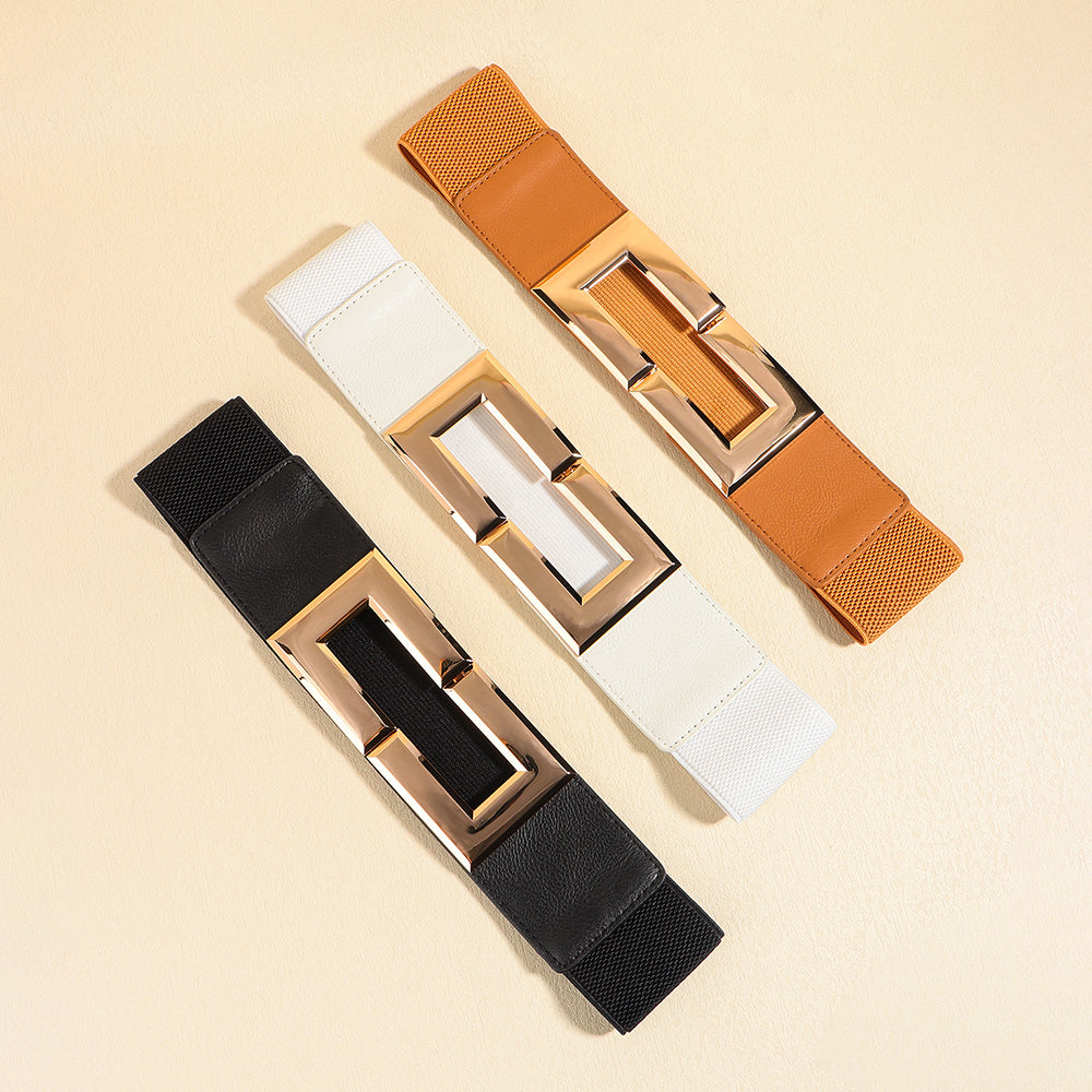 Ceinture décontractée multicolore pour femme à tempérament simple avec large ceinture élastique et boucle carrée en métal pour veste de costume ou robe