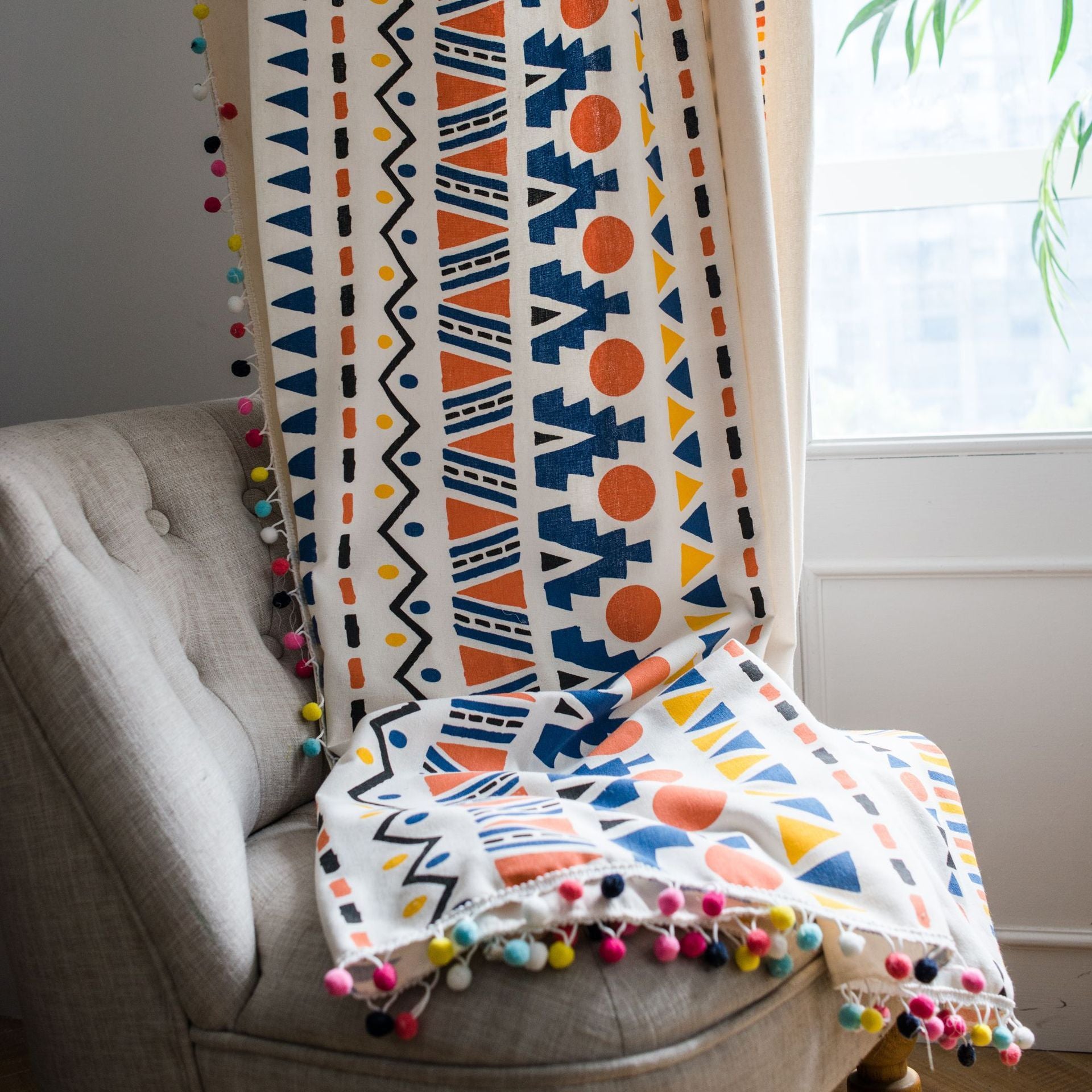 Curtain Cotton And Linen Printed Colorful Fur Ball Bohemian Style Country