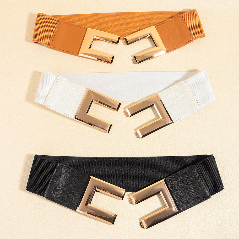 Ceinture décontractée multicolore pour femme à tempérament simple avec large ceinture élastique et boucle carrée en métal pour veste de costume ou robe