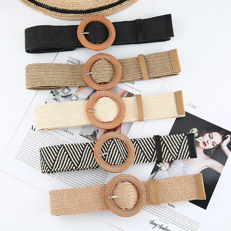 Ceinture en paille tressée en coton et lin pour femme