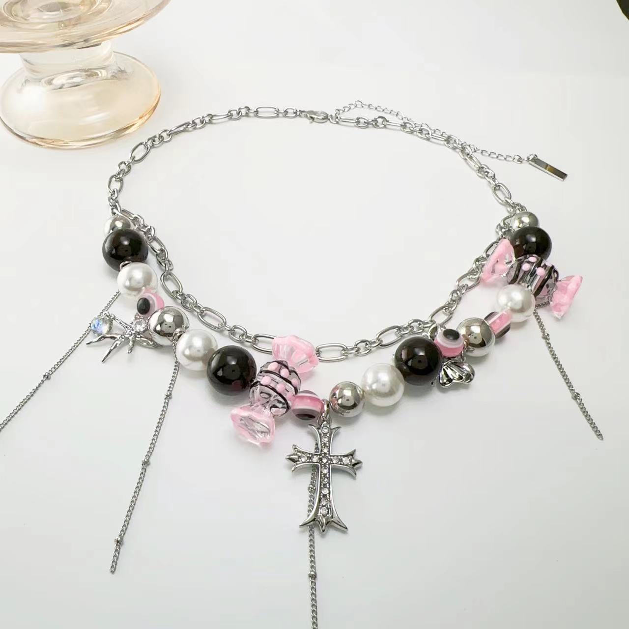 Sweet Cool Dark Y2g Hot Girl Candy Cross Double-layer Millennium Necklace