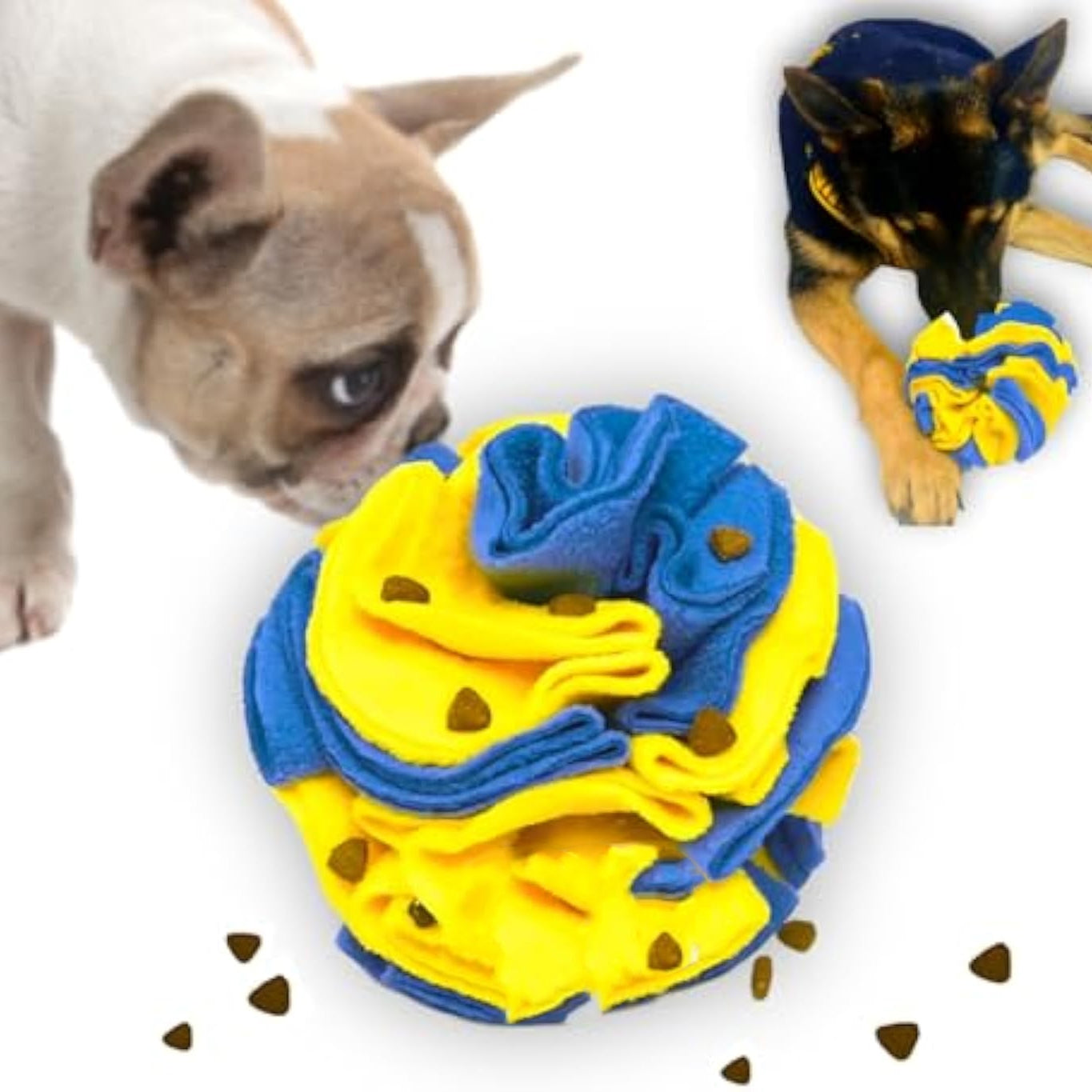 Balle de Puzzle Interactif pour Chien à Fourrager - Jouets d'Enrichissement pour Chien Jaune et Bleu Vifs Jouets de Stimulation Visuelle Optimale pour Chiens Aveugles Balle de Reniflage pour Chiens