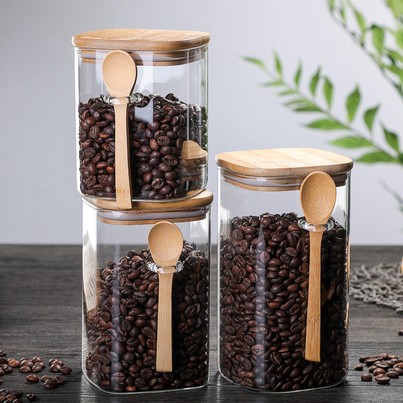 Square Glass Sealed Storage Jar With Wooden Spoon Seasoning