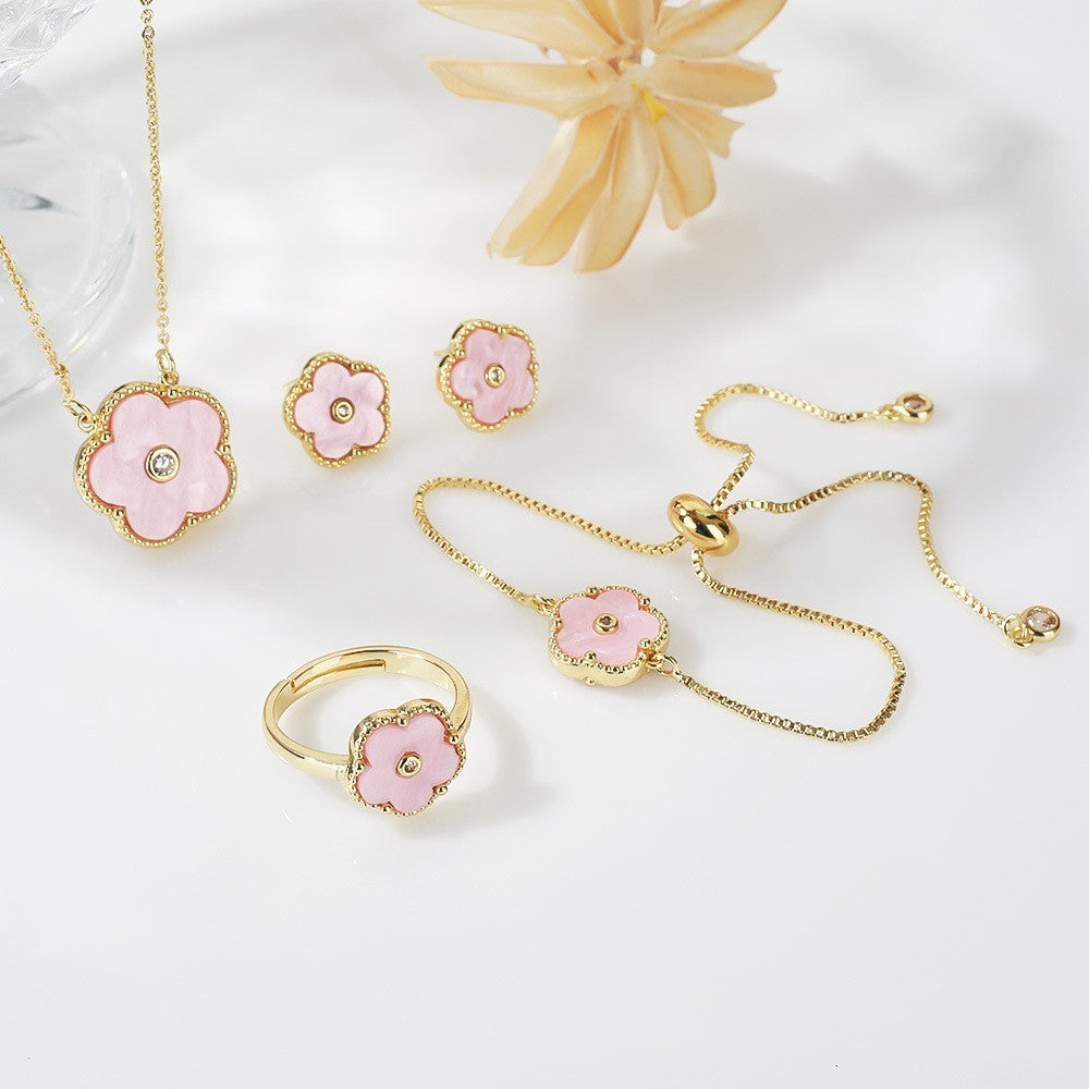 Gold Flower Bracelet Ring Earrings Bracelet Women's Suit