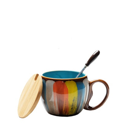 Tasse créative en céramique pour lait, eau, café, petit-déjeuner, tasse de couple, avec couvercle et cuillère