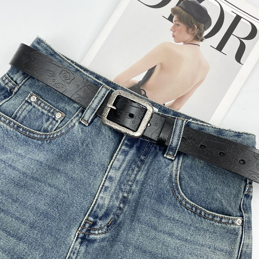 Ceinture en Cuir Vintage pour Femme, Modèle Tendance en Cuir de Vachette Gaufré