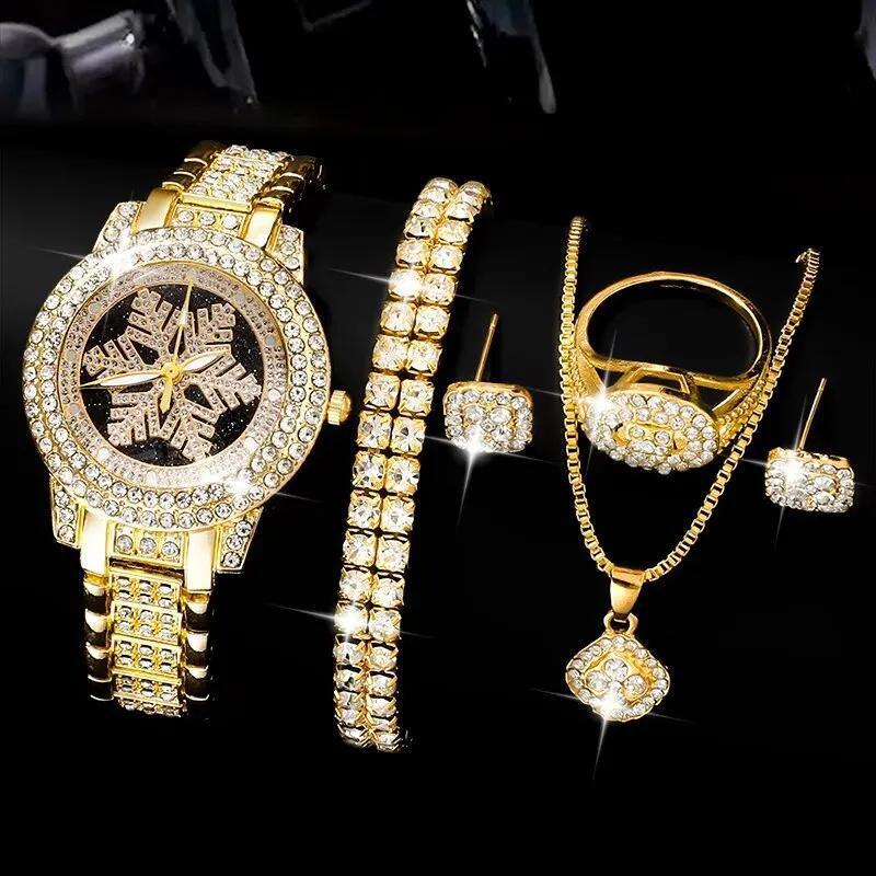 Montre Motif Flocon de Neige Luxe Entièrement Strass Bijoux Ensemble Cinq Pièces