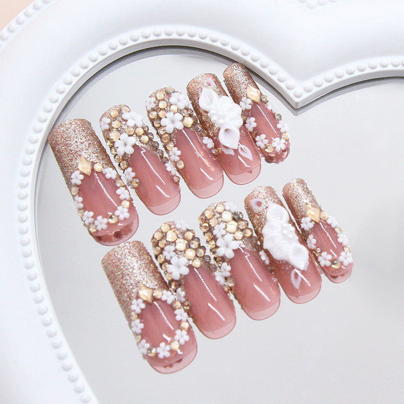 Français Ongles Dorés Faux Ongles Strass Détachables
