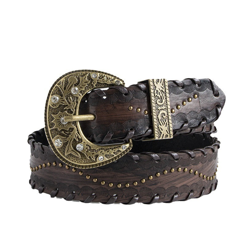 Ceinture marron gaufrée à rivets et surpiqûres vieillies pour femme