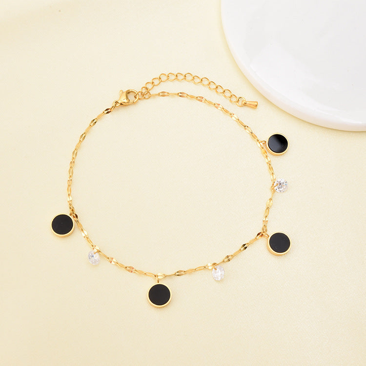 Chaîne Vague d'Eau Zircon Cheville Petit Pendentif Rond Noir Cheville Fille Or