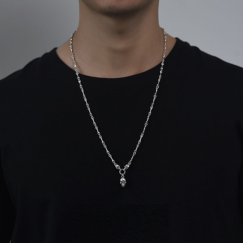 Hip Hop 925 Silver Skull Pendant Necklace Male