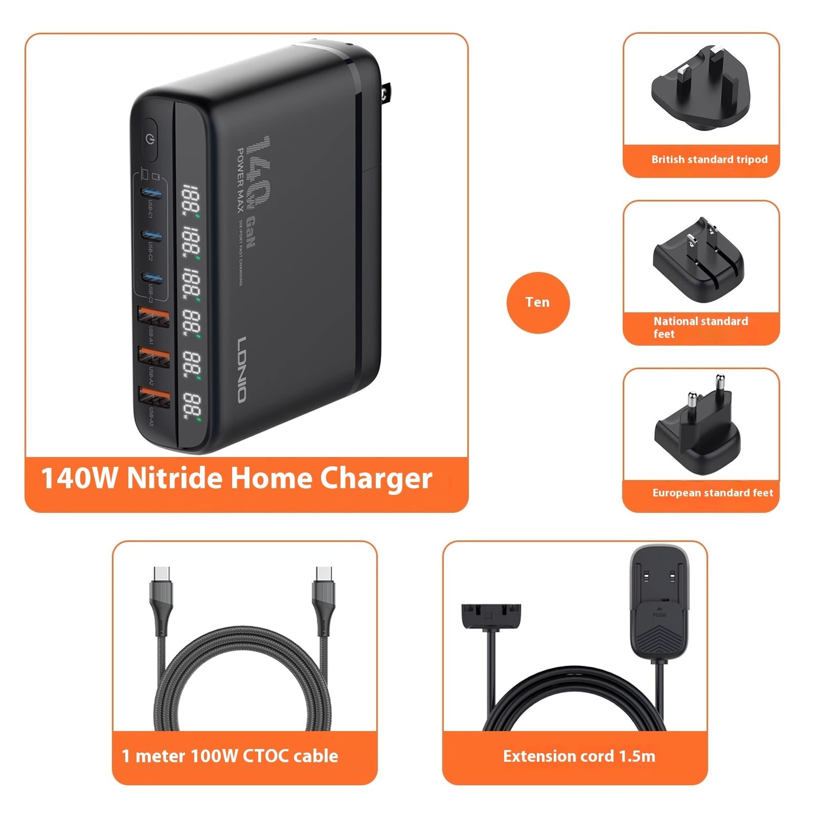New National Standard High-power Mobile Phone Charger 140W Gallium Nitride Digital Display PD Fast Charger