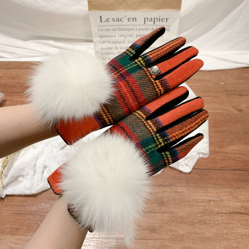 Gants à doigts en laine et cachemire avec boule de fourrure de renard oversize et motif écossais asymétrique