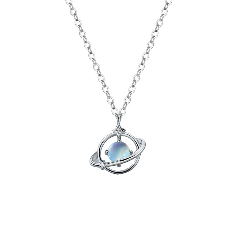 Sterling Silver Moonstone Planet Necklace Female Simple Temperament Asteroid Clavicle Chain
