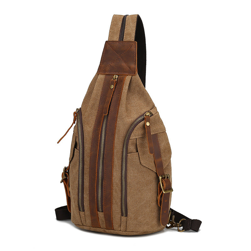 Sac de poitrine rétro pour homme en cuir crazy horse et toile, sac multifonctionnel à bandoulière unique, sac à dos européen et américain pour homme