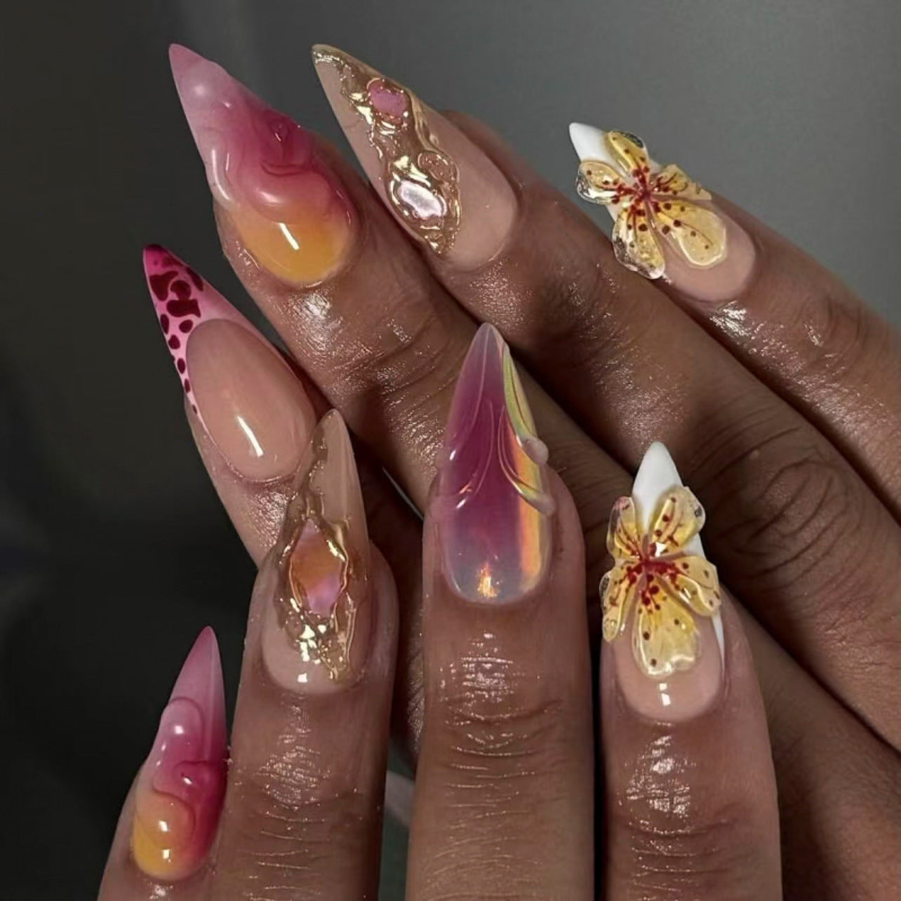 Manucure Française Dégradé Imprimé Léopard Ongles Fleurs 3D