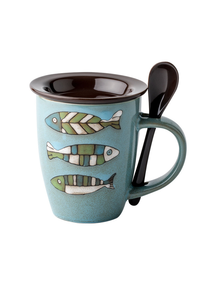Tasse à eau en céramique motif poisson créatif tasse à café avec couvercle et cuillère