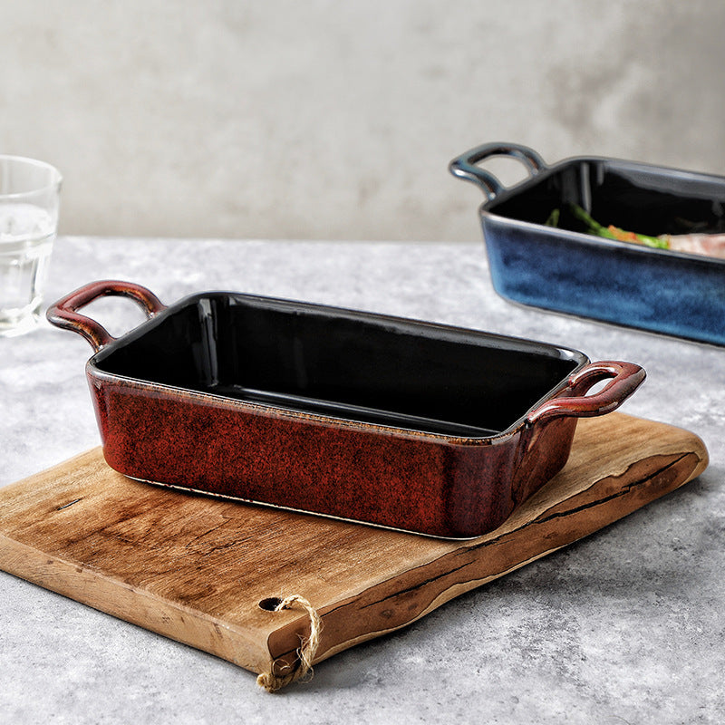 Bandeja de cerámica rectangular para horno microondas, recipiente para hornear binaural