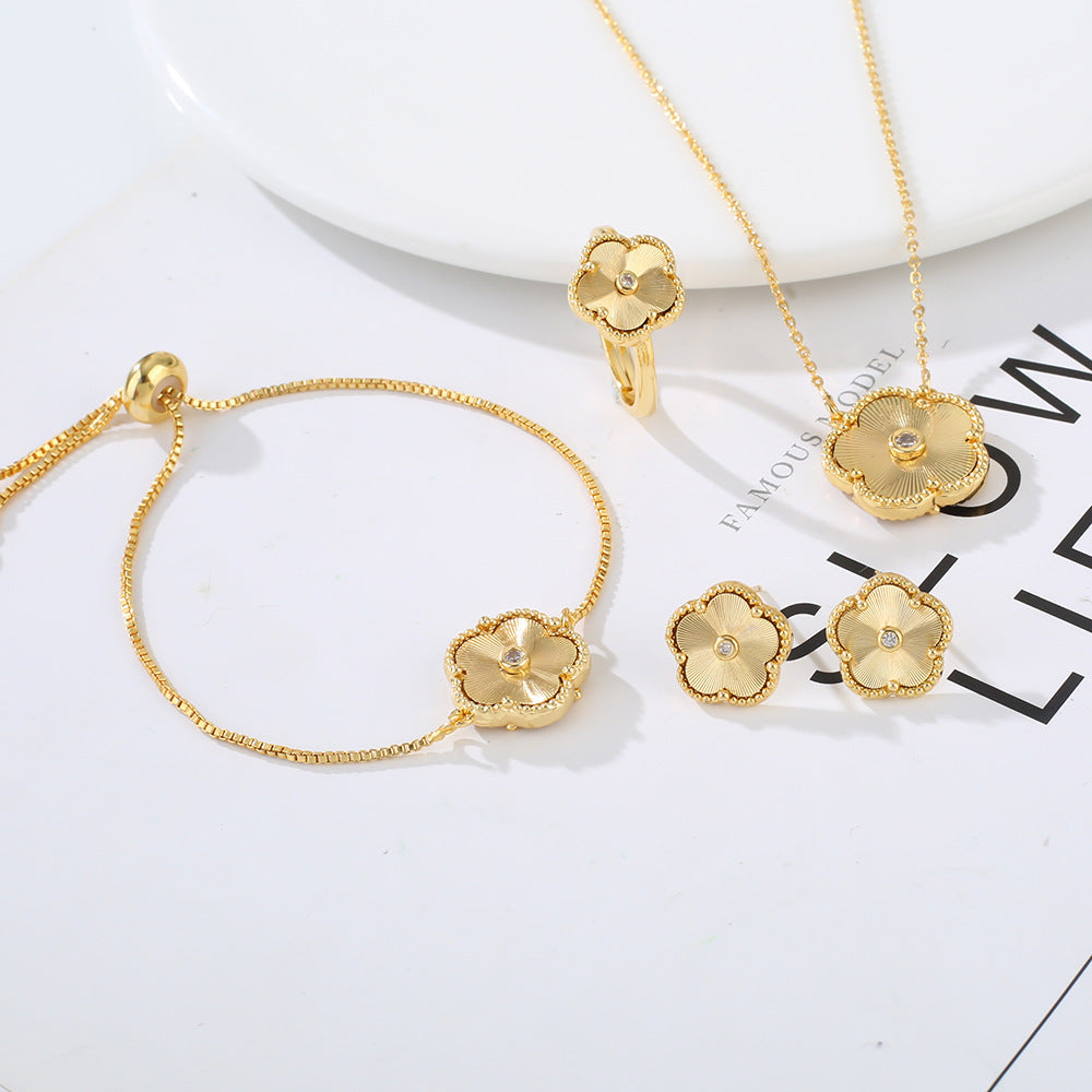 Gold Flower Bracelet Ring Earrings Bracelet Women's Jewelry Set