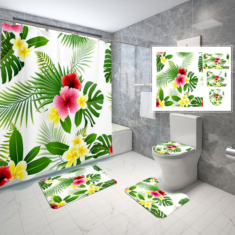 Natural Wind Leaves Printing Toilet Waterproof Shower Curtain Non-slip Floor Mat