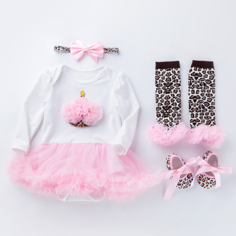 Newborn Cotton Rose Pink Birthday Romper Princess Dress Four Piece Suit