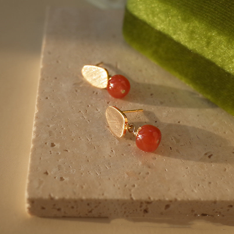 Benming Full Meat Southern Red Agate Sterling Silver Needle Earrings For Women