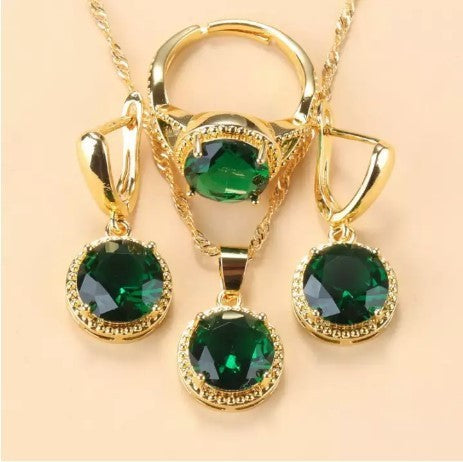 New Earrings Ring Necklace Three-piece Jewelry Set Round Zircon