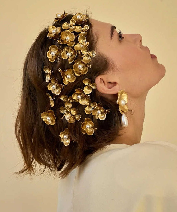 Pinces à cheveux Perles Fleurs Dorées Accessoires de Mariage Tendance