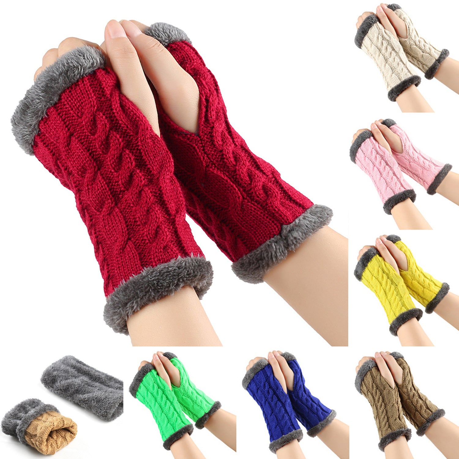 Gants en peluche d'hiver, tricot torsadé, mitaines sans doigts en polaire pour femmes, gants en laine épaisse et chaude