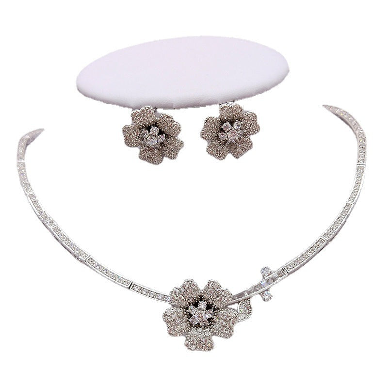 Camellia Zircon Necklace And Earrings Set