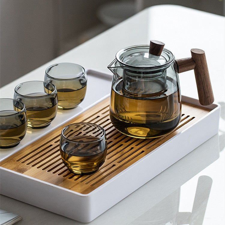 Théière en verre avec séparateur d'eau et poignée en bois de style chinois