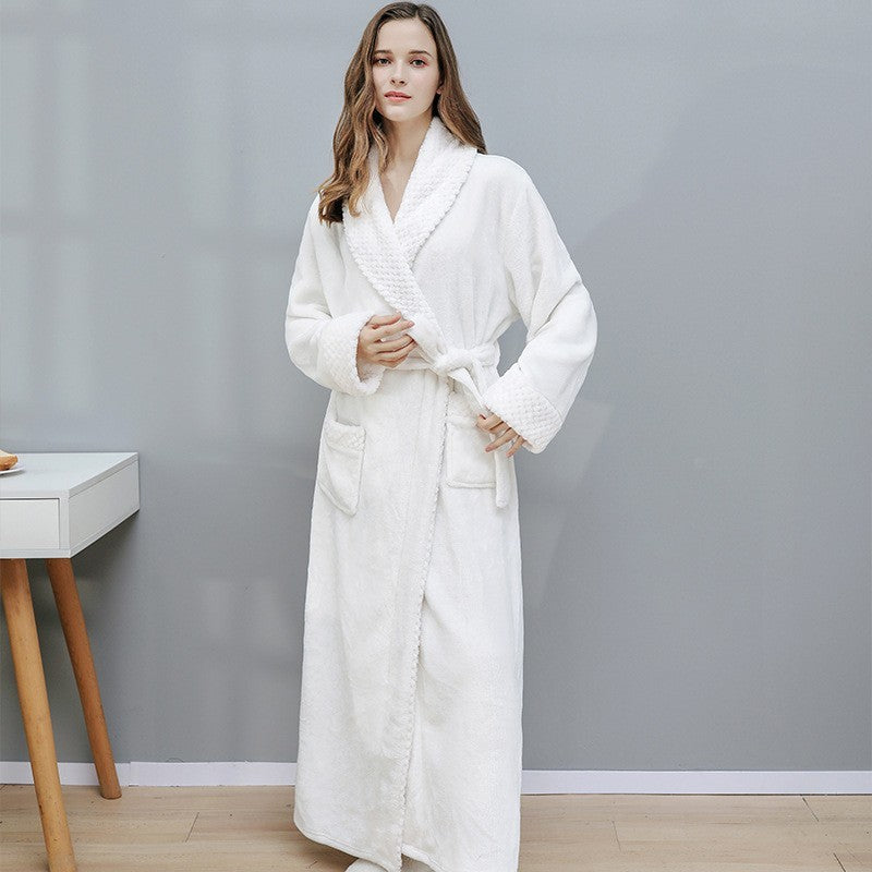 Long Coral Fleece Fleece-lined Thick Bathrobe Flannel Pajamas Homewear