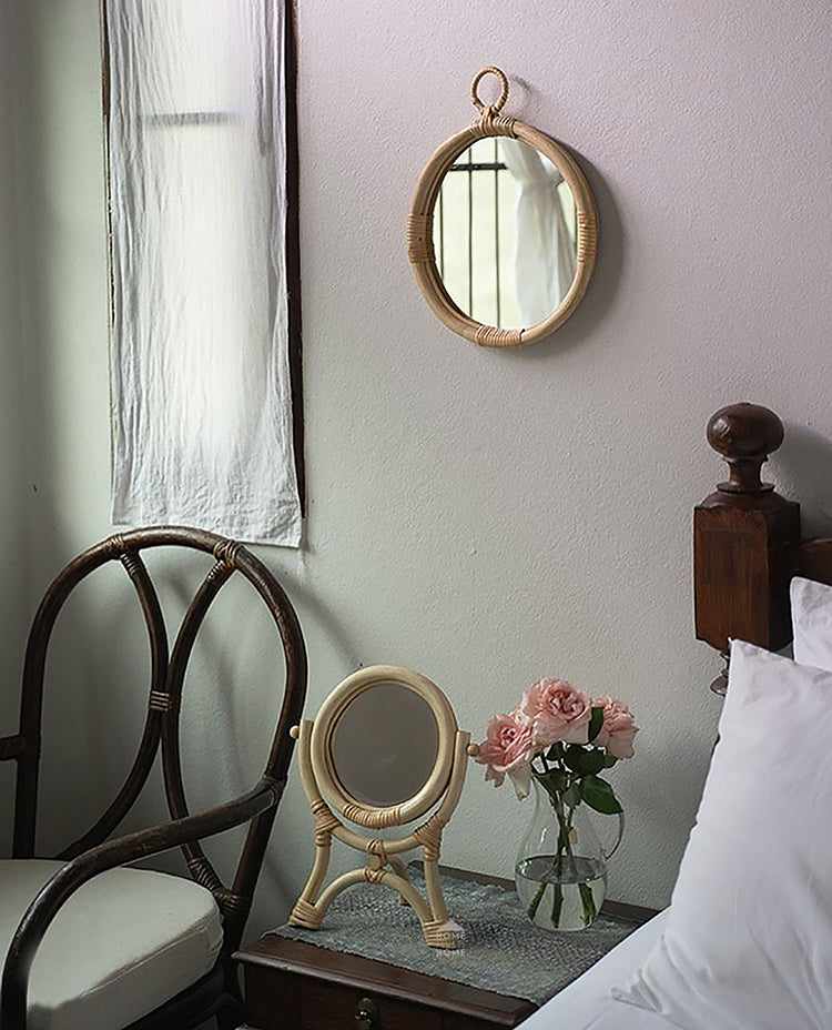 Retro Handmade Rattan Desktop Makeup Mirror