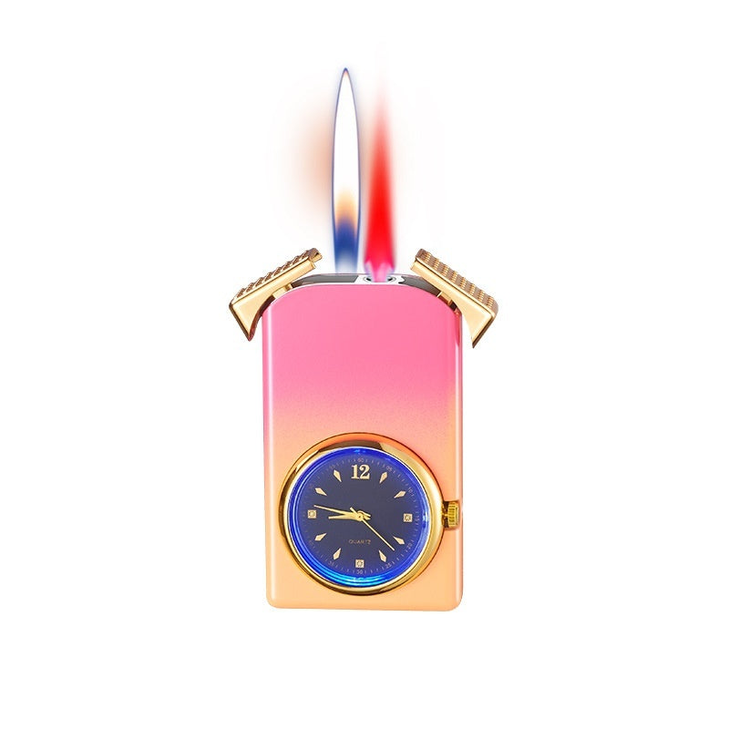 Windproof Double Flame Creative Quartz Real Dial Straight Open Flame Double Flame Gas Lighters Cross-border