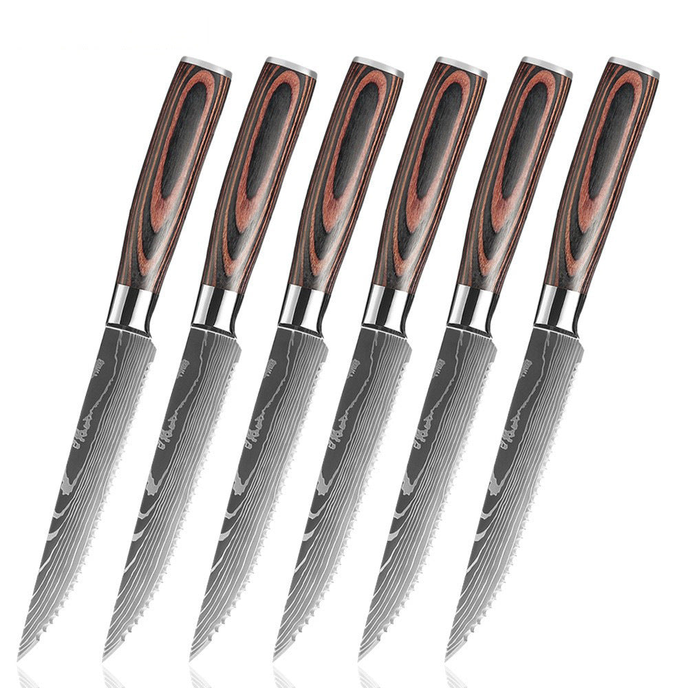 Western Steak Knife Damascus Pattern Stainless Steel Serrated Knife