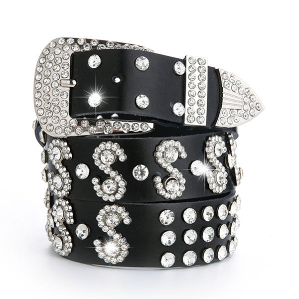 Ceinture large en cuir ornée de strass et de diamants, à la mode et assortie, pour femme