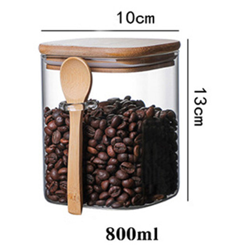 Square Glass Sealed Storage Jar With Wooden Spoon Seasoning