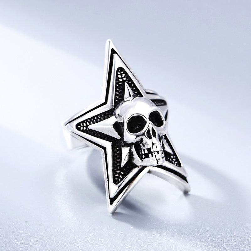 Sterling Silver Skull Five-pointed Star Men's Live Ring