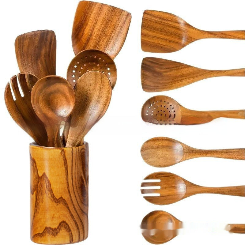 7-piece Wooden Spoon Spatula And Soup Spoon Kitchen Tableware Suit