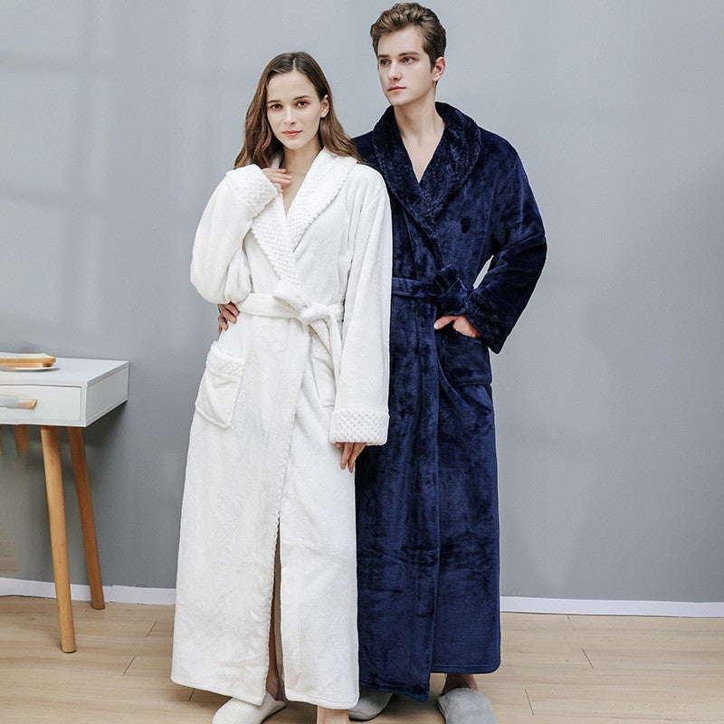 Long Coral Fleece Fleece-lined Thick Bathrobe Flannel Pajamas Homewear