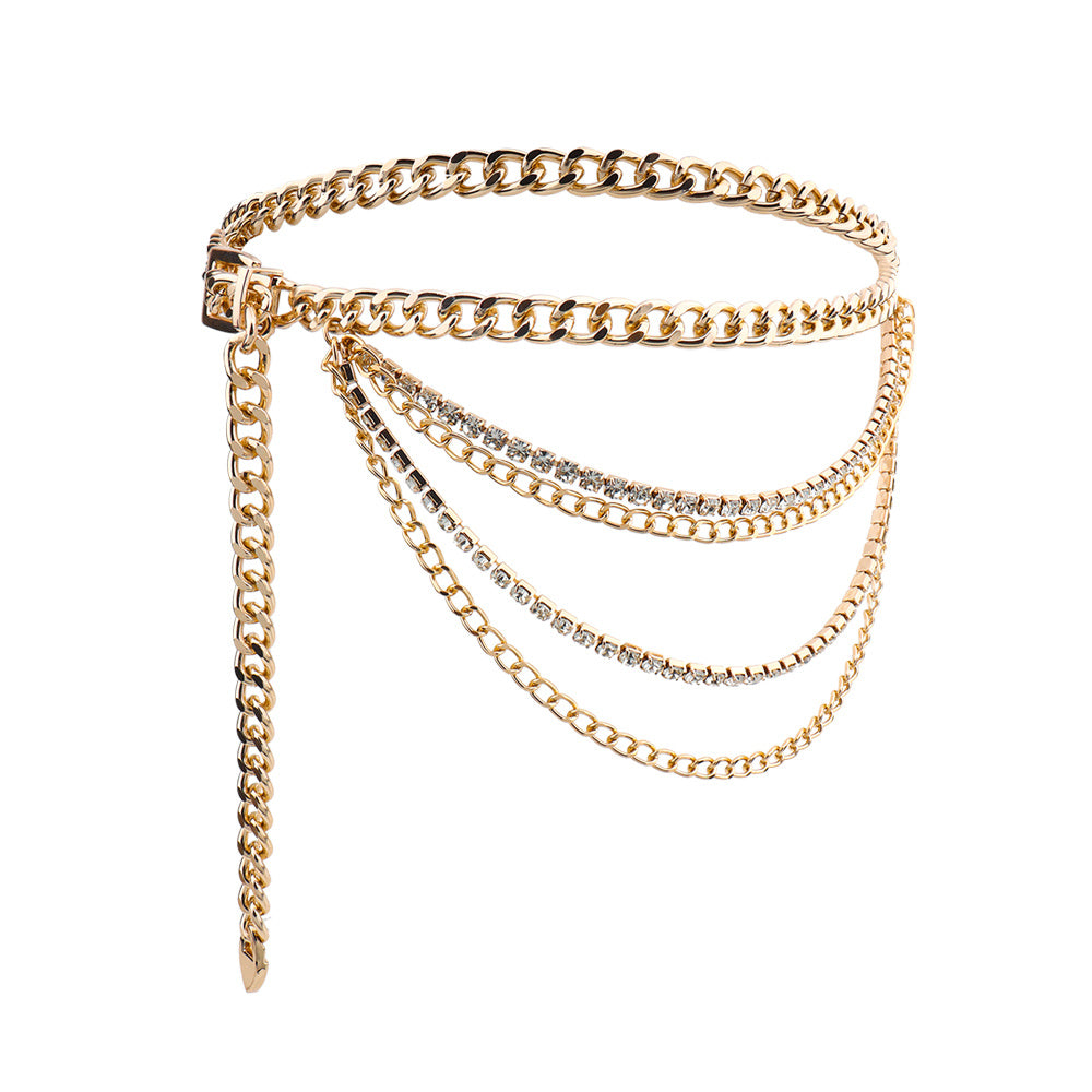 Chaîne de taille pour femmes, ceinture à boucle ardillon personnalisée, parure, robe, strass creux dorés, multi-couches, à nouer à la taille, assortie à tout.
